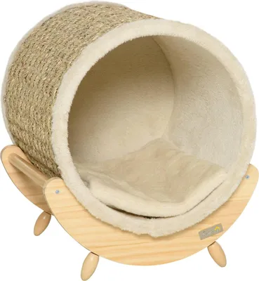 Produktbild von Katzenhöhle Mit Regal Katzenbett, Kratzunterlage, Kiefernholz, Flanell, Khaki, Natur & Beige, 41X38X43Cm