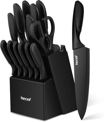 Obrázok produktu pre Blok na nože 14-dielny, nehrdzavejúca oceľ, nepriľnavý povrch, drevený blok, pre kuchyňu