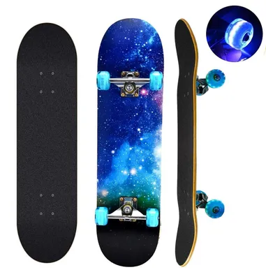 Immagine prodotto di Set completo di skateboard, dimensioni 78,7 x 20,3 cm, realizzato con 9 strati di legno di acero e dotato di ruote inPoliuretanolucide, colore blu