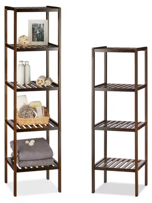 Productafbeelding van 2 x Bamboe plankenrek met 4 en 5 planken, hoog staand rek, houten plankenrek voor keuken en hal, donkerbruin