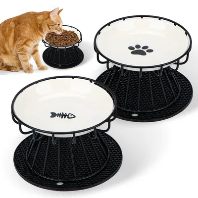 Produktbild von Katzennapf Set 2 Stück Keramik erhöht mit Silikonmatte und Metallständer 10cm