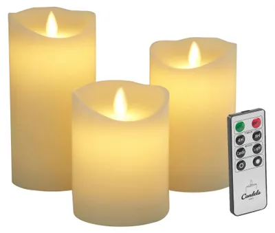 Zdjęcie produktu dla Candela Lights Świece LED, zestaw 3 sztuki Świeca walcowa Cream Prawdziwy wosk z pilotem Funkcja timera i wielostopniowa regulacja jasności Ruchomy płomień Świece z prawdziwego wosku