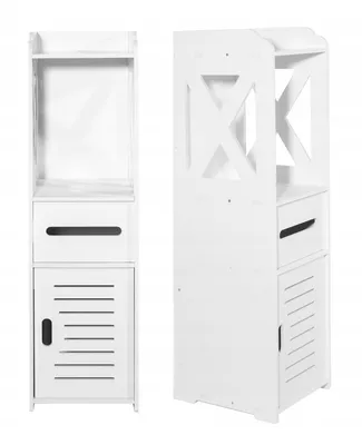 A white bathroom cabinet shown from two angles.