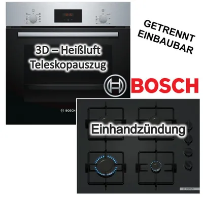 Produktbild von Herdset Bosch Backofen 3D Heißluft Teleskopauszug Schnellaufheizung + Gaskochfeld 60cm Einhandzündung