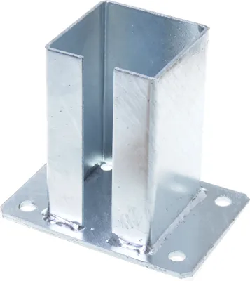 A metal post anchor with a square opening and a flat base with screw holes.