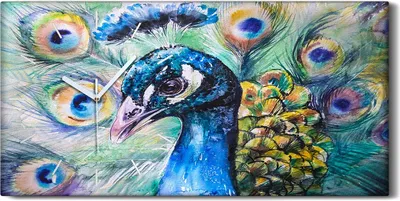 Produktbild von Wanduhr Bürouhr Leinwand Bild Geräuschlos 60x30 Ölgemälde Tier Vogel Pfau - weiße Hände