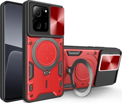 Produktbild von Handyhülle für Xiaomi 13T /13T Pro /Redmi K60 Ultra Dual-Layer Stoßfest Rüstung Hülle mit Dia Kameraschutz und Kreisförmig Ring Ständer Rot