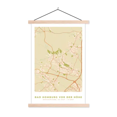 Produktbild von MuchoWow® Textilposter Karte - Stadtplan - Bad Homburg vor der Höhe - Karte - Vintage 120x180 cm mit holzfarbenen Rahmen - Textil-Plakat