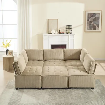 Productafbeelding van Modulaire sofa voor 6 personen, bekleed met cordura-stof, ergonomisch ontwerp, opbergvakken, flexibel combineerbaar als hoekbank of slaapbank, stabiele houten en metalen constructie, eenvoudig op te bouwen, kleur: kaki