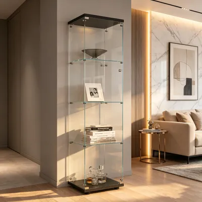 Immagine prodotto di INONEFT, vetrine espositive in vetro, colore nero, design moderno, vetrina in vetro e legno, ideale per collezionisti, armadietto vetrina con 4 ripiani in vetro temperato, dimensioni 164x42,5x36,5 cm