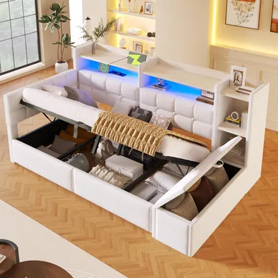 Produktbild von Tagesbett mit Stauraum | Daybett 90x200cm | Schlafsofa mit LED-Licht | Velvet-Bezug | Hydraulische Lagerung | USB & Typ-C Anschlüsse | Stauraumbank...