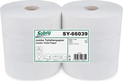 Produktbild von 6 Rollen Jumbo Toilettenpapier 2-lagig Recyclingpapier Kerndurchmesser 6.0 cm