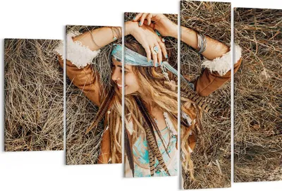 Produktbild von Bild auf Leinwand - Leinwandbild - 5 Teile - Hippie Frau Gras - 150x100cm - Wand Bild - Wanddeko - Wandbilder - Leinwanddruck - Bilder - Wanddekoration - Leinwand bilder - Wandbild - EG150x100-4679