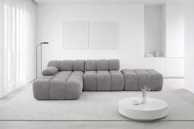 Image de Canapé d'angle modulaire avec pouf, canapé en L, tissu velours Salvador, gris, gauche, Selia