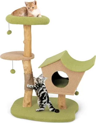 Image de Arbre à chat - Arbre à grimper - Bois - 3 niveaux - Colonne à griffer en jute - Plateforme de repos et balle suspendue - 79 × 60 × 110 cm