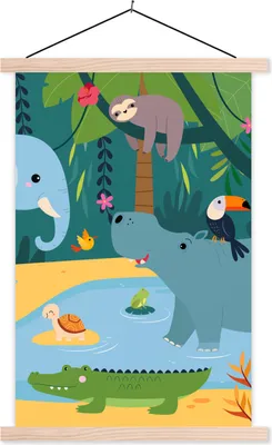Produktbild von MuchoWow® Textilposter Blumen - Tiere - Dschungel - Kinder 120x180 cm mit holzfarbenen Rahmen - Textil-Plakat