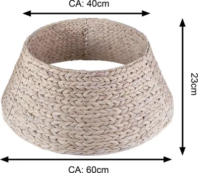 A woven tree skirt made of water hyacinth is shown with dimensions indicated by arrows and text.