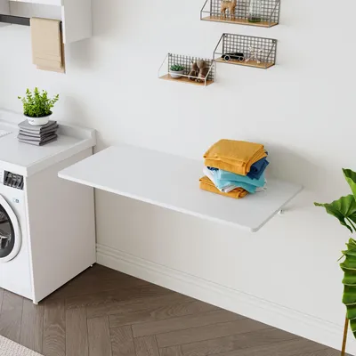 Produktbild von Wandklapptisch weiß klappbarer Schreibtisch aus MDF für Waschküche platzsparender Wandtisch klappbare Arbeitsplatte für Garage Küche Home Office