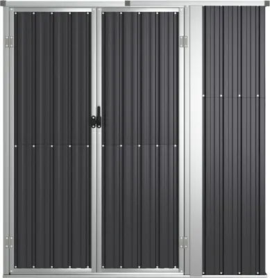 A front view of a dark gray metal shed with silver trim and double doors.