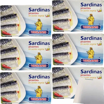 Produktbild von Vigilante "Kleine Sardinen in Pflanzenöl scharf" Sardinas en aceite vegetal picante (6x120g Dose) + usy Block