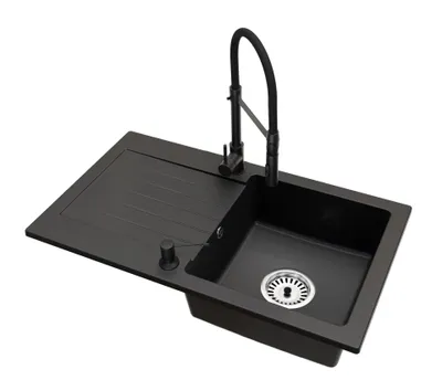 Produktbild von Granit Küchenspüle LEON Einbecken mit Abtropffläche inkl. Armatur Vento Schwarz, Seifenspender und Raumsparsiphon