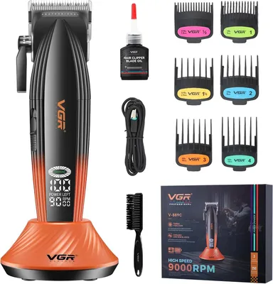 Imagen del producto de VGR 889C: Máquina de cortar pelo profesional para hombres, inalámbrica, con función turbo, pantalla LED, carga USB, cuchillas de cerámica y metal ajustables, e incluye accesorios