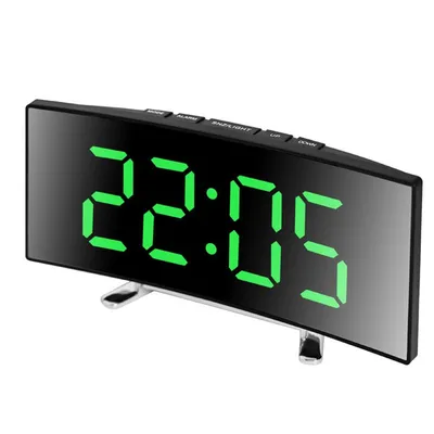 Produktbild von LED Spiegelwecker gebogen, Digitaluhr mit Temperaturanzeige, Snooze, 2 Helligkeiten Digitalwecker, Nachtmodus, grüne Zahlen