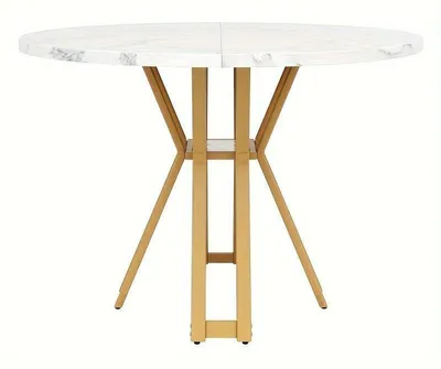 Image de Table ronde – Design moderne – Plateau imitation marbre – Pieds en forme de "A" en métal doré