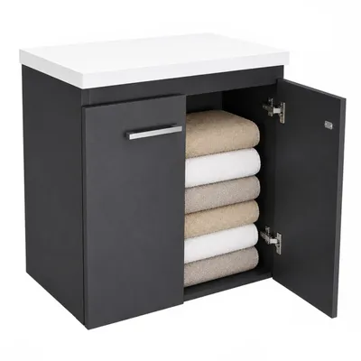 Produktbild von Waschtischunterschrank 60 mit Arbeitsplatte 2 Türen Anthrazit matt / Hängend ohne Waschbecken, für Aufsatzwaschbecken, Türanschlag L/R, Metallgriff, KI-generiertes Bild