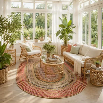 Produktbild von Salsa Juteteppich Oval Bunt – Handgefertigt aus Jute und Baumwolle, Größe:160x230 cm