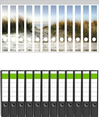 Produktbild von Wallario 12 Stück schmale Ordner inkl. Klebeetiketten mit Motive Weg durch die Dünen zum Strand am Meer -  Set mit Rückenschildern / Ordnerrücken Stickern