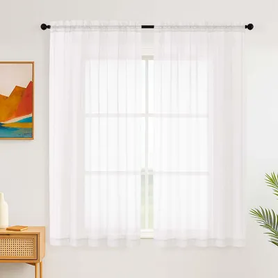 Productafbeelding van Transparante gordijnen - Halfdoorschijnend met lus voor gordijnstang - Raamdecoratie - Wit - Set van 2, hoogte 163 cm, breedte 150 cm