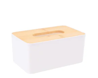 Produktbild von Kosmetiktuchbox Weiß mit Bambusdeckel Taschentuchbox Tücherbox 21x13x10 cm
