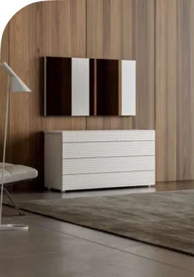 Immagine prodotto di Comodino bianco, design moderno, con specchio e 4 cassetti, in legno