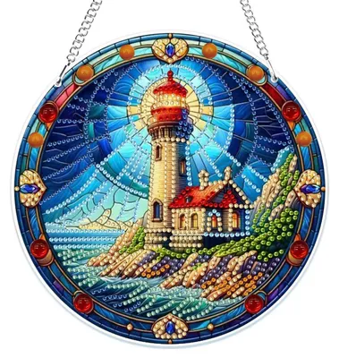 Obrázok produktu pre Sada na výrobu prívesku s motívom majáku technikou 5D diamond painting, vrátane retiazky, vhodná pre deti aj dospelých