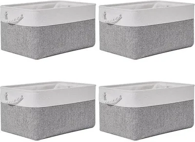 Image de Ibenzoa® : Lot de 4 paniers de rangement en tissu, mélange coton-lin, dimensions 36 x 26 x 18 cm, gris et blanc. Idéal pour ranger vêtements, jouets et livres