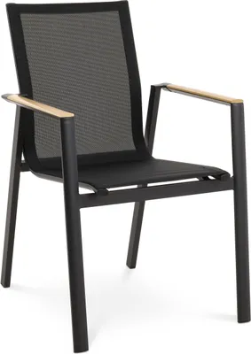 A single black outdoor chair with wooden armrests on a white background.