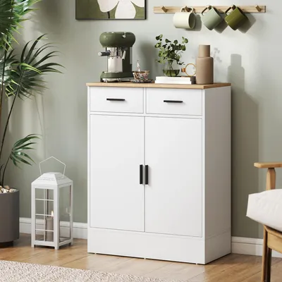 Produktbild von Sideboard mit 2 Schubladen & verstellbarem Regal, Kommode Anrichte Spanplatte, Weiß-Naturholz | 68,6x35x90,3 cm | 22 kg | 3-stufig anpassbar
