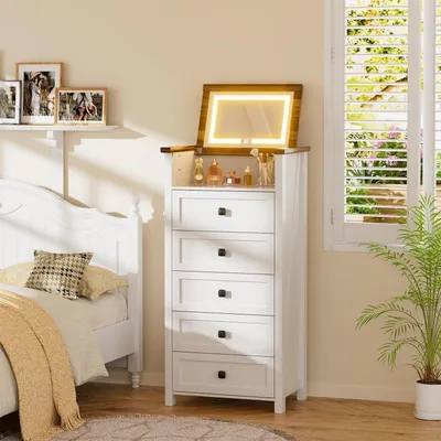Produktbild von Kommode mit 5 Schubladen und LED-Spiegel, Weiß, 120x57x38,5 cm