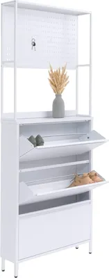 Immagine prodotto di Scarpiera HWC-O86, scarpiera ribaltabile, 3 scomparti inclinabili ganci per scaffali in metallo 201x80x20cm ~ bianco