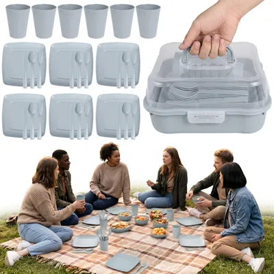 Produktbild von Graues Picknick-Set, Campinggeschirr-Set im Behälter, 32 Teile
