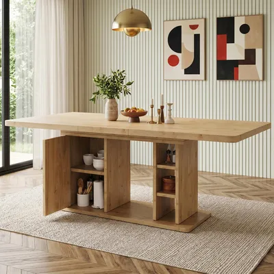 Obrázek produktu pro Rozkládací jídelní stůl, rozměry 140–180 x 80 cm, materiál MDF, tloušťka desky 3 cm, s úložným prostorem (skříňka) a otevřenými policemi, pro 6–8 osob, skandinávský design, barva dubu