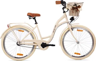 Produktbild von Goetze Style 26 Zoll City Bike, 43 cm Rahmen, 3-Gang Shimano Nexus, Rücktrittbremse & V-Bremse, LED-Beleuchtung, Gepäckträger, Rattankorb mit Bezug