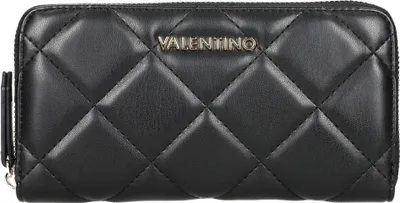 A black quilted wallet with a gold Valentino logo.
