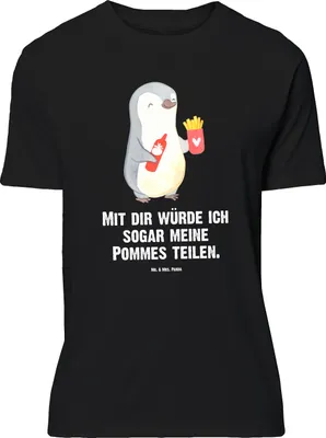Produktbild von Mr. & Mrs. Panda Größe L T-Shirt Pinguin Pommes - Schwarz - Geschenk, mit Spruch, Hochzeitstag, Freundin, Shirt, für Frauen, Tshirt, Freund, Valentinstag, Jahrestag