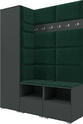 Produktbild von Garderoben-Set Nela II, Polstergarderobe mit zwei Schuhschränke, Flurmöbel mit Hochschrank (Farbe: Graphit + Trinity 28 (Flaschengrün))
