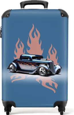 Obrázok produktu pre NoBoringSuitcases.com® Kufr Príručná batožina na kolieskach Rolling suitcase Malý kufor na 4 kolieskach - Car - Blue - Flames - Vintage - Cabin Size < 55x40x23 cm & 55x40x20 cm - Foto kufor - Cabin suitcase - Board luggagePríručná batožina Suitcase 55x35x20 cm, 36L,