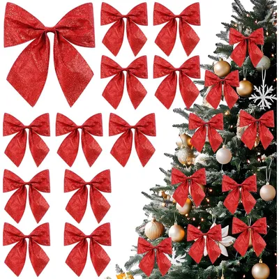 12 rote Weihnachtsbaum-Schleifen, 14x15 cm, glitzernd
