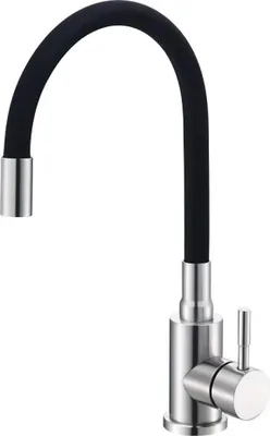 A kitchen faucet with a flexible black hose and a silver body.