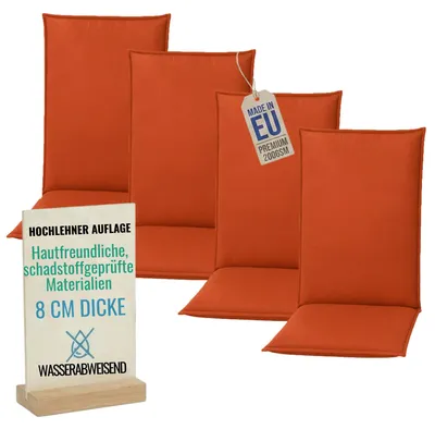 Produktbild von Pillows24 - 4x Hochlehner Auflagen 120x50x8 cm | Bequeme & Wetterfeste Gartenstuhlauflagen | Polster Sitzkissen für Gartenmöbel |  EU | Orange
